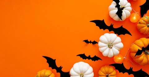 Halloween flat lay composition of black paper bats and pumpkins on orange Stock Photos
