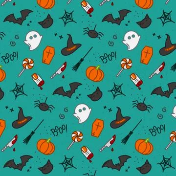 Halloween flat pattern turquoise 스톡 일러스트
