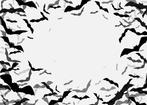 Halloween flying bats border background. Creepy silhouette flittermouse group Stock Illustration
