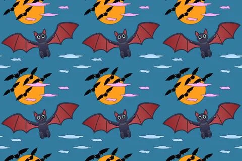Halloween Flying Bats Pattern with Full Moon Stock Illustration