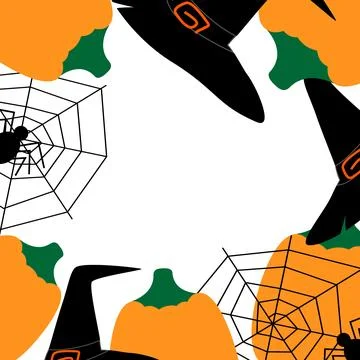 Halloween frame border with witch hats, cobweb, spiders and pumpkins in trendy Stock Illustration