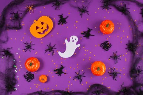 Halloween frame with pumpkins, ghost and spiders on purple Background. Stock Photos