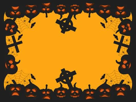 Halloween frame with scary pumpkins. Border with pumpkin lantern, cross Stock Illustration
