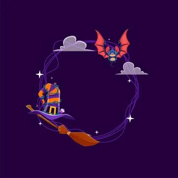 Halloween frame spooky bat, witch hat, and broom Stock Illustration