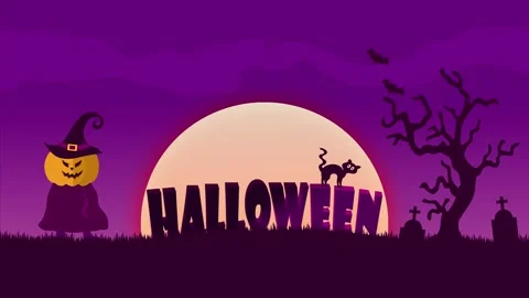 Halloween full moon night background with the Halloween sign, Scarecrow pum.. Stock Footage 341474110