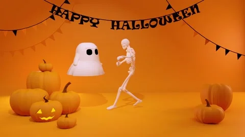 Halloween funny dance of ghost and skeleton Stock Footage