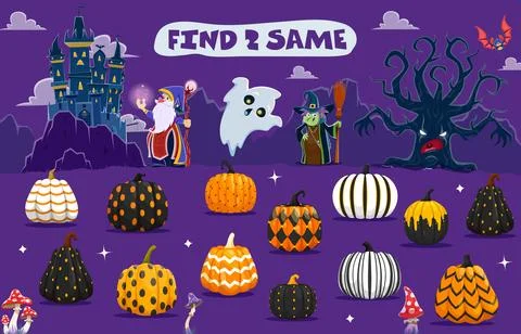 Halloween game, help wizard find two same pumpkins Illustrazione stock