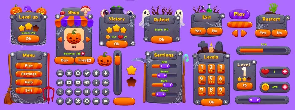 Halloween game interface with buttons, level icons Illustrazione stock