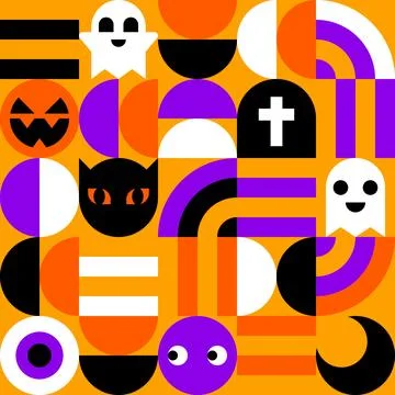 Halloween Geometric Pattern with Ghosts, Black Cats, and Tombstones Illustrazione stock