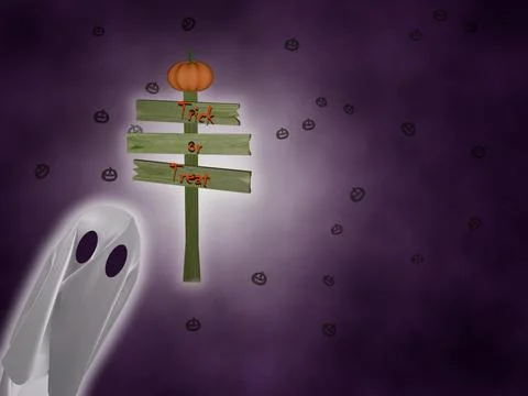 Halloween ghost and rickey old wooden signpost in foggy purple background Stock Illustration