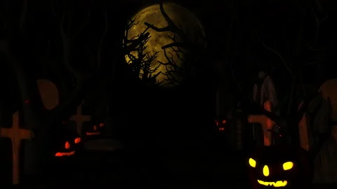 Halloween with ghost, bats and pumpkins, graves, at misty night spooky with f Stock Footage 135293018