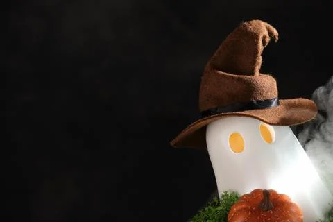 Halloween ghost with brown witch hat, pumpkin and smoky background. Place f.. Stock Photos