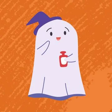 Halloween ghost character with potion in hand. Funny spooky phantom, baby cha Stock Illustration