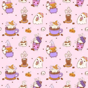 Halloween Ghost Coffee Seamless Pattern Cute Kawaii Hand Drawn Spooky Baris.. Stock Illustration