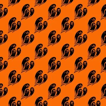 Halloween Ghost Faces Seamless Pattern on Orange Background Stock Illustration