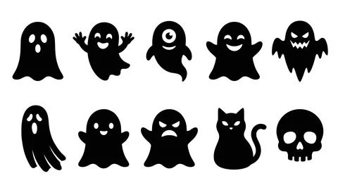 Halloween ghost figures alongside cat and skull symbols for scary themes. Stock Illustration