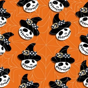 Halloween ghost in hat and spider web on orange background	 Stock Illustration