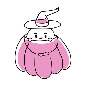 Halloween ghost in hat sits in a pink pumpkin. Spooky character in doodle style Stock Illustration