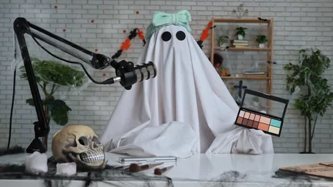 Halloween Ghost Host in Home Studio Setup with Makeup Palette Stock Footage 317249987