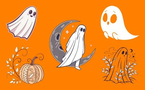 Halloween ghost illustrations set including pumpkins and crescent moon nigh.. Stock Illustration