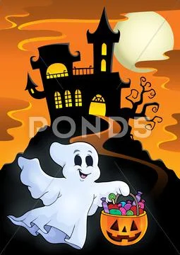 Halloween ghost near haunted castle - eps10 vector illustration. Stock Illustration