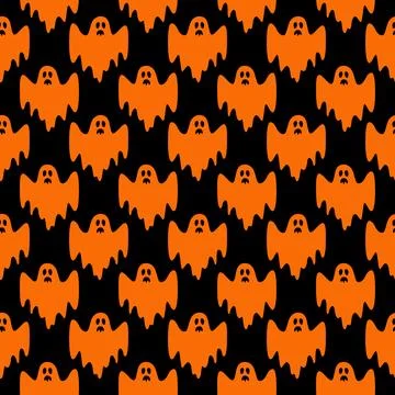 Halloween Ghost Orange Seamless Pattern on Black Background Stock Illustration