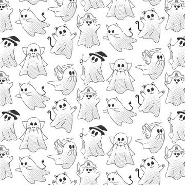 Halloween ghost pattern with cats and devils, Vector Stock Illustration