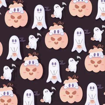 Halloween ghost pattern with pumpkins and trick-or-treat theme, Vector Stock Illustration