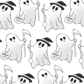 Halloween ghost pattern with witches and scythes, Vector Stock Illustration