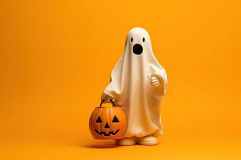 Halloween ghost with pumpkin on orange background. 3d illustration. Ilustración de archivo