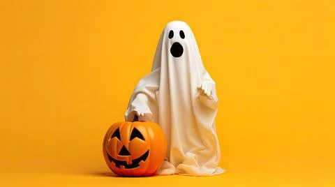 Halloween ghost with pumpkin on orange background. 3d illustration. Ilustración de archivo