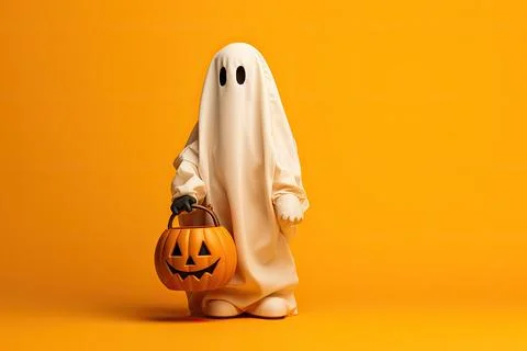 Halloween ghost with pumpkin on orange background. 3d illustration. Ilustración de archivo