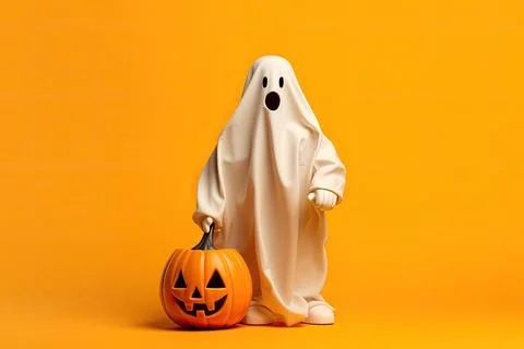 Halloween ghost with pumpkin on orange background. 3d illustration. Ilustración de archivo