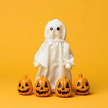 Halloween ghost with pumpkins on yellow background. Minimal holiday concept. Ilustración de archivo