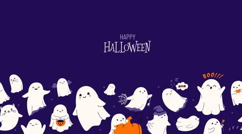 Halloween ghost seamless banner vector background. Cute funny ghost character Illustrazione stock