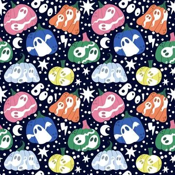 Halloween ghost seamless cute pumpkins cartoon pattern for wrapping paper Stock Illustration