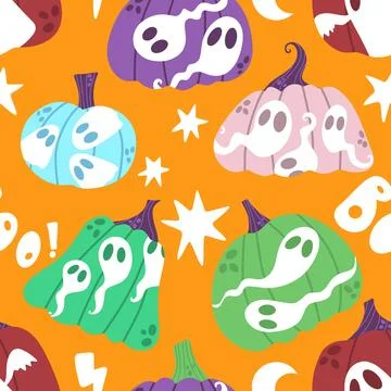 Halloween ghost seamless cute pumpkins cartoon pattern for wrapping paper Stock Illustration