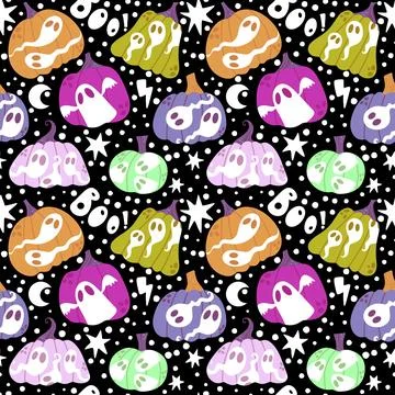 Halloween ghost seamless cute pumpkins cartoon pattern for wrapping paper Stock Illustration