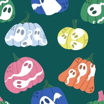 Halloween ghost seamless cute pumpkins cartoon pattern for wrapping paper Stock Illustration