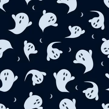 Halloween ghost seamless pattern on black background. Cute halloween ghost pa Stock Illustration