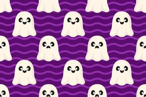 Halloween ghost seamless pattern. Hand drawn trendy flat style. Spooky season. Stock Illustration