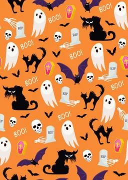 Halloween ghost seamless pattern on orange background. Cute halloween ghost a 스톡 일러스트