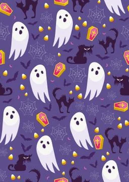 Halloween ghost seamless pattern on purple background. Cute halloween ghost a 스톡 일러스트