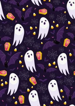 Halloween ghost seamless pattern on purple background. Cute halloween ghost a Stock Illustration