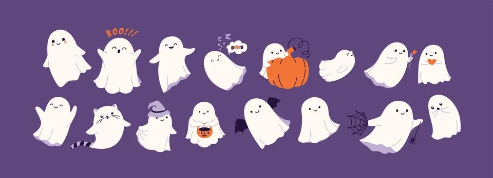 Halloween ghost set vector illustration. Cute funny happy spirits with different Illustrazione stock