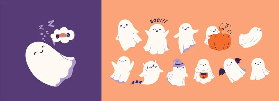 Halloween ghost set vector illustration. Cute funny happy spirits with different Stock Illustration