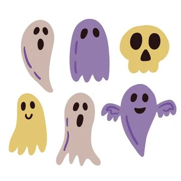 Halloween Ghost Shapes Set, Hand Drawn Cute Ghost Collection Silhouett Stock Illustration