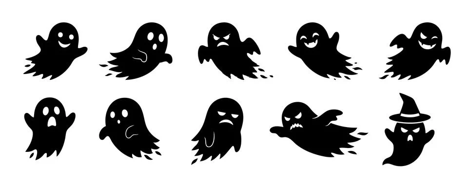 Halloween Ghost Silhouettes Vector Icons Set | Flying Black Phantom Collection Иллюстрация