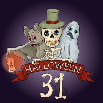 Halloween ghost skeleton and bat with lantern Stock Illustration