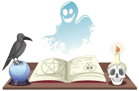 Halloween ghost spirit with witch objects Stock Illustration